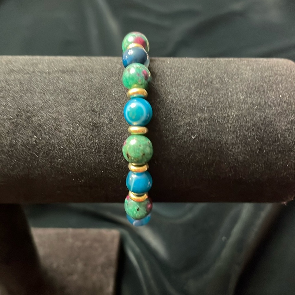 Multi-colored Glass Beaded Bracelet W Goldtone Hoop Spacers
